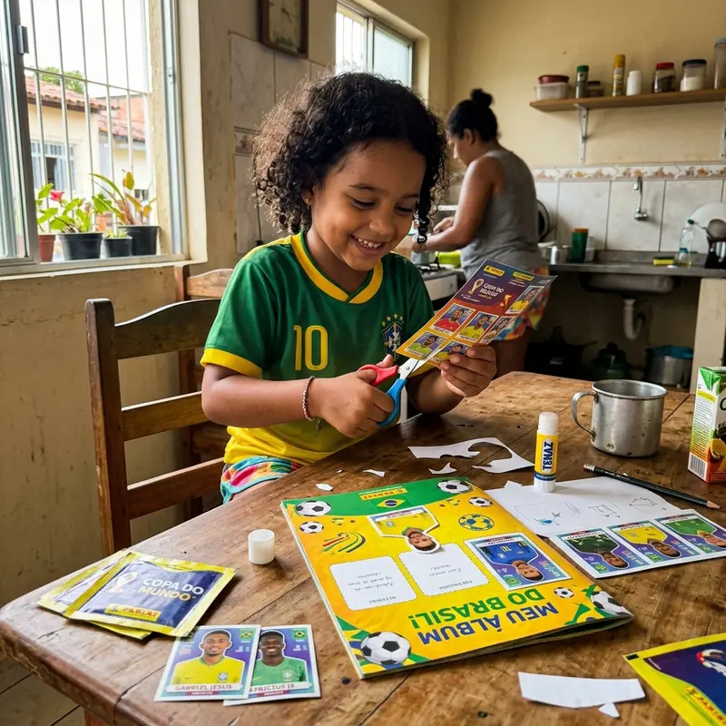 Criança brincando com o álbum impresso e figurinhas